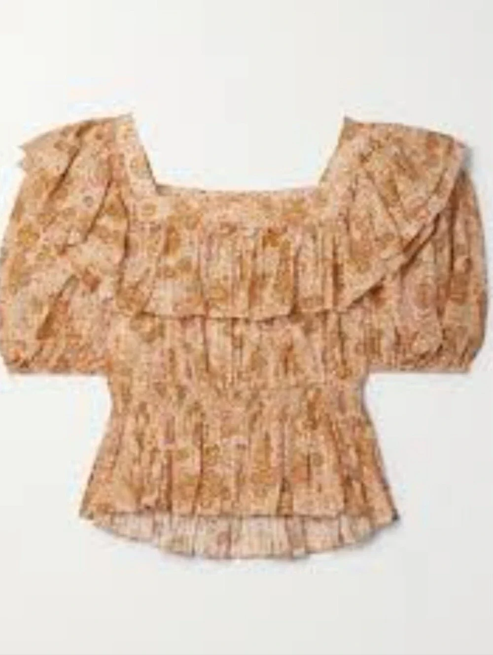 Ulla Johnson Size 0 Floral Ruffle Square-Neck Top in Light Tan